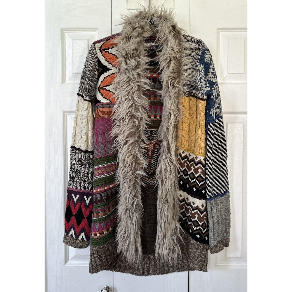 Desigual Faux Fur Y2K Cardigan Embroidered Hippie 2000s Patchwork Grunge Small